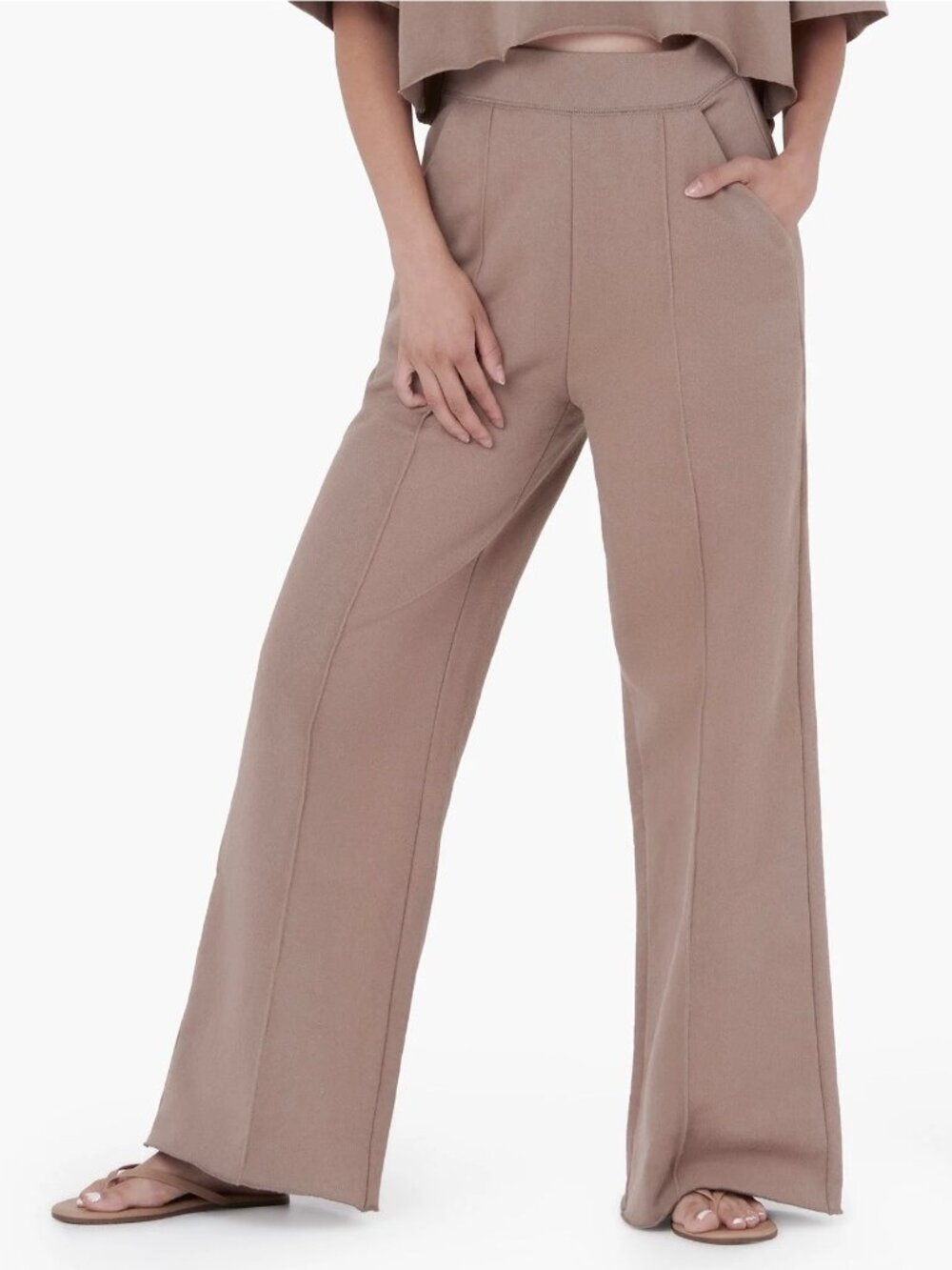 Tkees Sweatpants Size Small Earthen Wide Leg Raw Hem Pintuck Terry Quiet Luxury